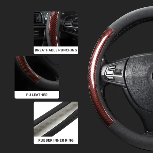 Vista 2 de Funda universal para volante de auto de 15" de piel de microfibra, ajuste universal para auto, elástica, antideslizante, transpirable y sin olor