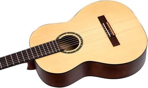 Vista 6 de Ortega Student Series Pro - Guitarra clásica de nailon de 6 cuerdas de tamaño completo, parte superior de abeto Engelmann sólido, satén natural (R55)