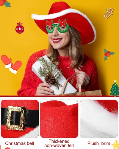 Vista 6 de Eurzom Juego de 4 marcos de sombrero y lentes para fiesta de Navidad, sombrero de vaquero de Papá Noel, corona de Navidad verde, sombrero de Papá