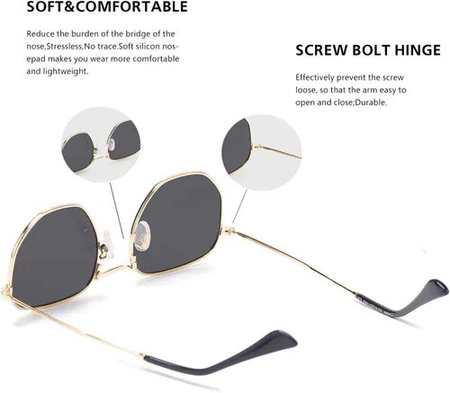 Vista 2 de Hipster. - Lentes de sol polarizados hexagonales para hombre y mujer, diseño geométrico, cuadrados, pequeños, marco de metal vintage, gafas de sol