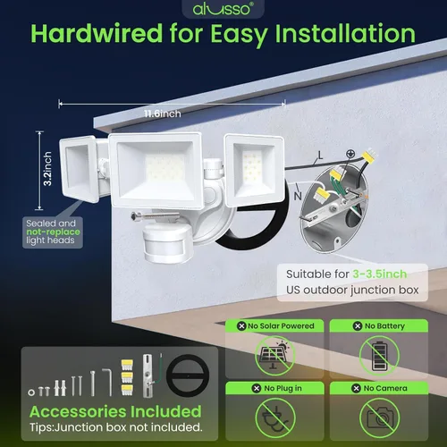 Vista 2 de ALUSSO Luces para exteriores con sensor de movimiento cableadas (no solares), luces de inundación de 40 W 4500 lm para exteriores 120 V, 3 modos
