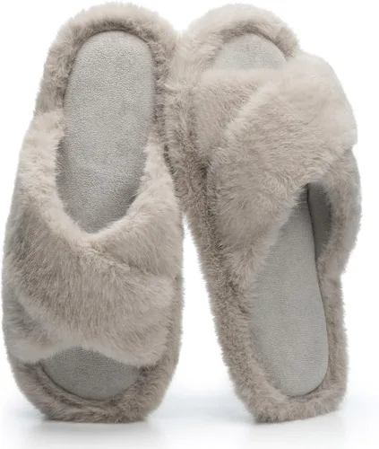 Vista 9 de Pantuflas mullidas para mujer, con banda cruzada, zapatos de casa para mujer, espuma viscoelástica, puntera abierta, silenciosas