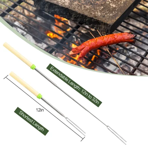 Vista 3 de Juego de 5 palitos para asar malvaviscos, brochetas extensibles de metal de 32 pulgadas de largo con mango de madera, para malvavisco, perros