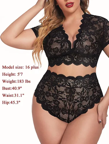 Vista 4 de Avidlove Conjunto de lencería de talla grande con encaje floral y ribete festoneado en V profundo con brasier de encaje en toda la prenda ropa sexy