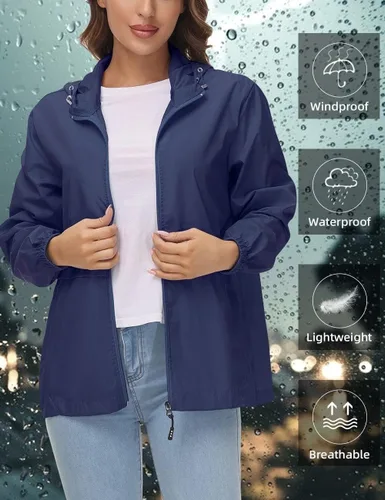 Vista 2 de Avoogue Chaqueta impermeable para mujer, ligera, plegable, con capucha, rompevientos para exteriores
