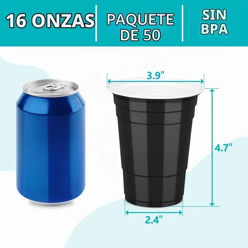 Vista 2 de LANLISA 50 vasos de plástico negros, vasos desechables de 16 onzas, tazas para beber para suministros de fiesta