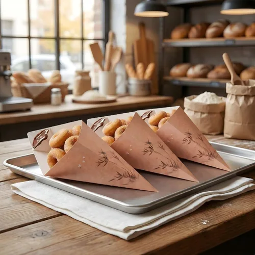 Vista 3 de Restaurantware Conetek - Conos de comida ecológicos de 11.5 pulgadas con bolsillo integrado para condimentos: para aperitivos, cono de papel seguro