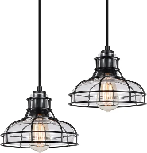 Vista 8 de Lámparas colgantes industriales para isla de cocina, color negro, 8.7 pulgadas, lámparas colgantes con cristal transparente y jaula de metal