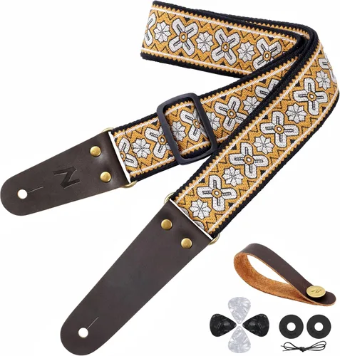 Vista 25 de Nefelibata Correa de guitarra, correas de guitarra de algodón bordadas con extremos de cuero de vaca para bajo, guitarras eléctricas y acústicas