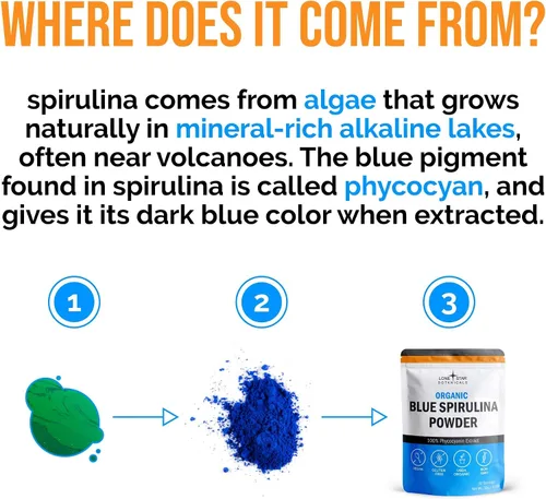 Vista 6 de Polvo de espirulina azul orgánico, 100% puro superalimento de algas azul-verdes, sin olor a pescado, colorante natural para batidos y bebidas