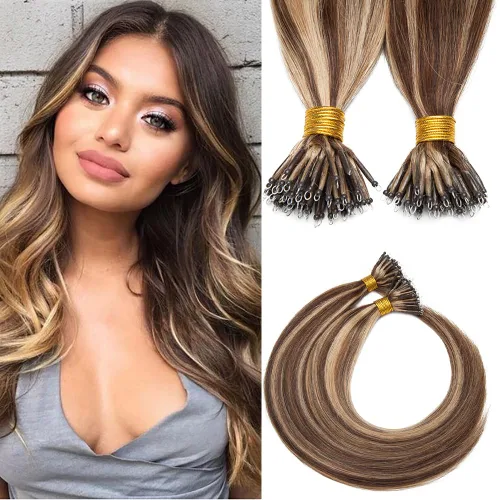 Vista 32 de SEGO Extensiones de cabello humano con micro cuentas, extensiones de cabello humano con micro bucle, lacio, natural, fusión fría, 1.76 oz/paquete