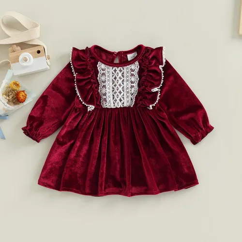 Vista 2 de Trajes de Navidad para niñas pequeñas, vestido de manga larga, falda vintage de encaje de una pieza, vestido de fiesta de terciopelo rojo, vestido