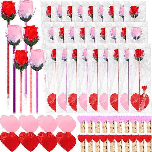 Vista 7 de Yexiya 48 juegos de bolígrafos de rosas para el día de San Valentín, regalos a granel con notas adhesivas, clips de corazón, bolsas de regalo
