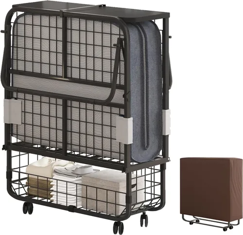 Vista 13 de Mjkone Cama plegable con colchón, cama rodante para adultos con cabecero y bolsa antipolvo, cama plegable portátil de 5 pulgadas para huéspedes