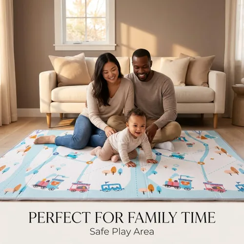 Vista 9 de Alfombra de juego extra grande para bebés de 79 x 59 pulgadas, espuma protectora gruesa de 0.6 pulgadas (no tela), impermeable, plegable y portátil