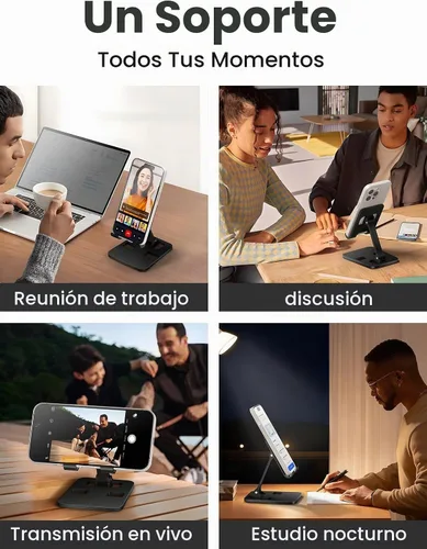 Vista 5 de Soporte de teléfono para escritorio, soporte plegable doble para teléfono celular, soporte portátil totalmente ajustable para iPhone 17, 16, 15, 14