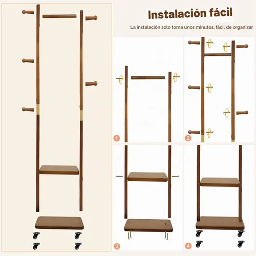 Vista 7 de Perchero de madera maciza con ruedas, perchero de 2 niveles con 5 ganchos