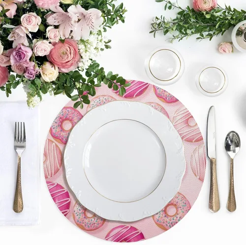 Vista 5 de Pink Donuts Round Placemat, Non Slip Heat Resistant Mats for Kitchen one sizex1