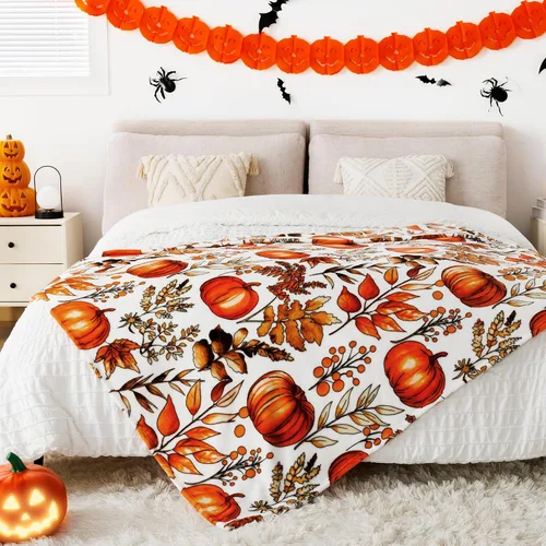 Vista 5 de ROMROL Manta de Halloween, manta de otoño, mullida, acogedora, suave, hojas de calabaza, manta de franela de felpa de forro polar, decoración