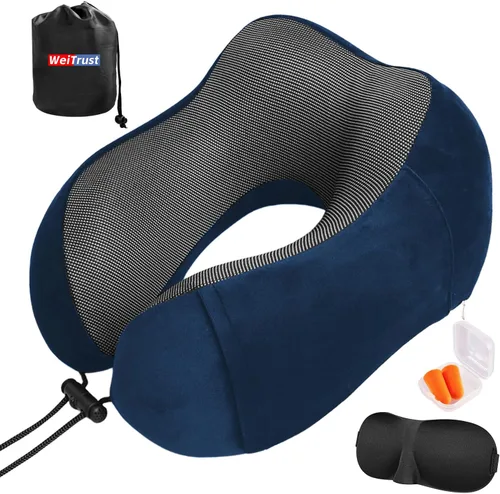 Vista 8 de Almohada de avión, almohada de cuello de viaje con espuma viscoelástica, hebilla ajustable y funda lavable a máquina para soporte de cuello