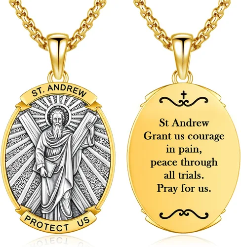 Vista 27 de Collar con colgante de amuleto de medalla de San de plata 10A-St Michael Oval