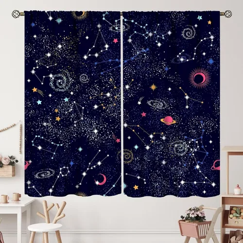 Vista 47 de Cortinas de planeta galaxia, espacio exterior, universo, nebulosa, estrellas, cielo estrellado, con bolsillo para cortinero, para sala de estar