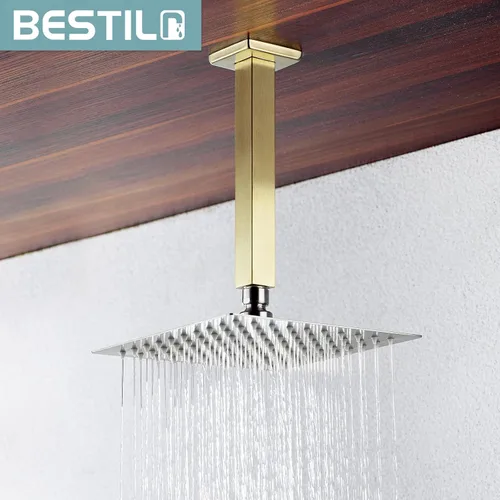 Vista 3 de BESTILL Brazo y brida de ducha de montaje en techo de oro cepillado de 8 pulgadas, brazo cuadrado de cabezal de ducha de lluvia