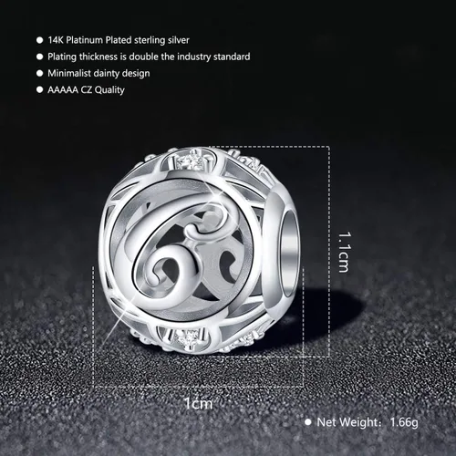 Vista 4 de FOREVER QUEEN Dije Colgante de Letra Inicial del Alfabeto A-Z para Pulsera Collar - Cuentas de Plata de Ley 925 CZ Joyería de Regalo Personalizada