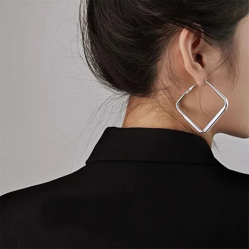 Vista 5 de Aretes colgantes cuadrados grandes minimalistas, aretes de aro cuadrados huecos de plata, aretes colgantes geométricos grandes, aretes de aro