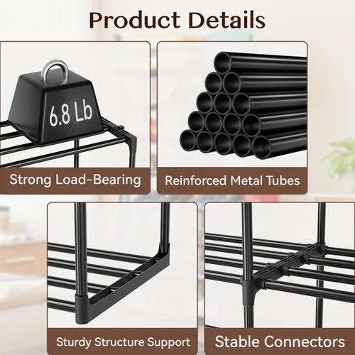 Vista 5 de SUFAUY Organizador grande para zapatos, 2 filas y 8 niveles, 32-40 pares con ganchos, metal resistente, apilable y ajustable, color negro