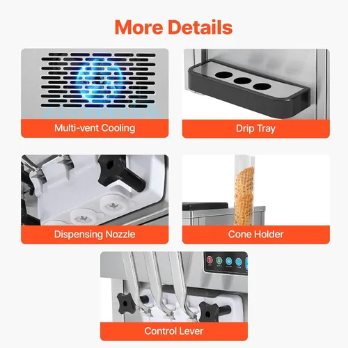 Vista 6 de VEVOR Máquina de helado comercial, 21 QT/H Máquina de helado suave con panel LCD de limpieza automática de 3 sabores preenfriamiento