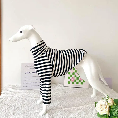 Vista 8 de Greyhound Clothes - Overol básico de algodón suave con cuello alto y rayas, chaleco de manga larga, pijama elástico para perro galgo, Whippet Negro
