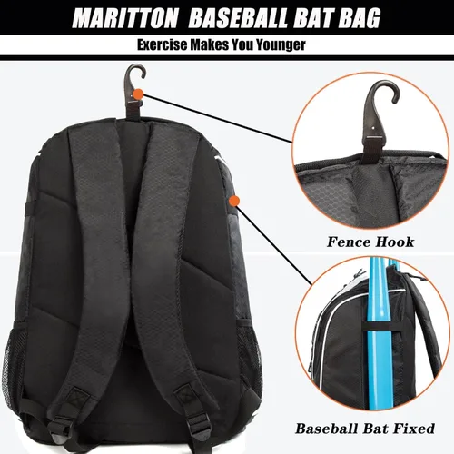 Vista 4 de Bolsa de béisbol – Mochila de murciélago para béisbol, T-Ball y equipo de softbol para jóvenes y adultos con compartimento para zapatos y bate