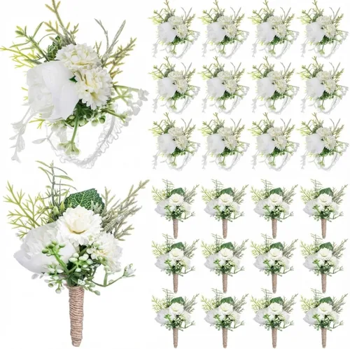 Vista 11 de Juego de 12 ramilletes de boda y boutonniere, pulsera de ramillete de boda con alfileres para baile de graduación, hombres, novia, fiesta