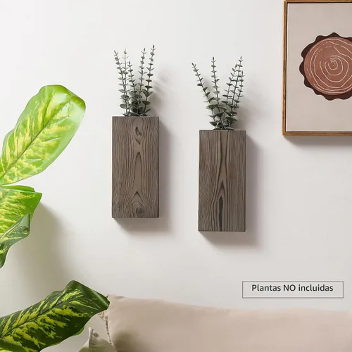 Vista 3 de GRID FORTE Juego de 2 macetas de pared de madera de nogal oscuro, bolsillo de pared para vegetación y flores secas, decoración de pared de granja