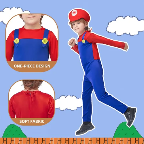 Vista 3 de Estavucci Mario Costume for Kids Plumber Costume Boys Halloween Cosplay Jumpsuit with Accessory