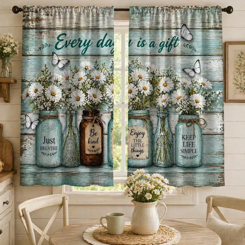 Vista 39 de Cortinas de ventana de cosecha de otoño, marco de madera rústica, cortinas florales de pacas de heno y calabaza, cenefa de cocina de Acción