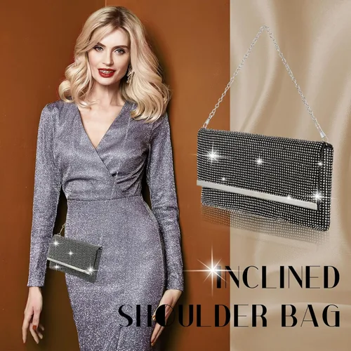 Vista 7 de Tessco Bolso de noche para mujer con purpurina para mujer, para noche, boda, fiesta, graduación, bolso de diamantes de imitación con cadena