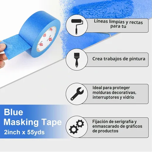 Vista 3 de BOMEI PACK Cinta de Pintor Azul de 2'', Cinta de Pintura de 2 pulgadas x 55 Yardas (220 Yardas Totales) 4 Rollos Cinta de Pintor Azul Cinta