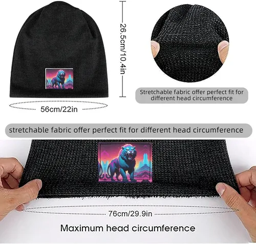 Vista 7 de Synthwave Sabertooth Patterned Black Fleece-Lined Warm Men's and Women's Hood, Winter Outdoor Sports Ski Cap