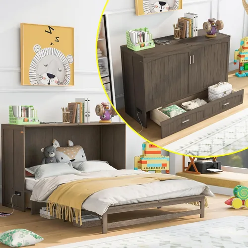 Vista 13 de Baúl móvil Murphy de tamaño Queen con módulo USB integrado de doble alimentación/USB, armario moderno y tradicional de madera maciza con cajón Gris-A
