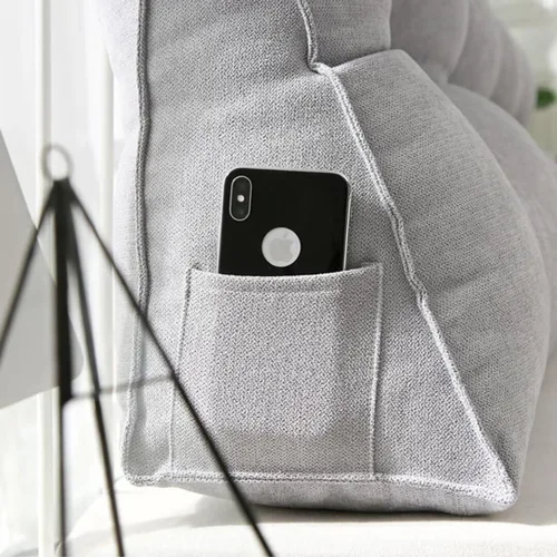 Vista 5 de Almohada triangular de lectura para reposo en cama, cojín grande para cabecero, respaldo largo, almohada de cuña con funda extraíble y dos bolsillos