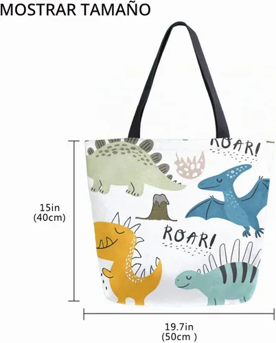 Vista 5 de SUABO Bolsa de asas de cocina reutilizable para comestibles, bolsa de compras de lona para exteriores Dinosaurio
