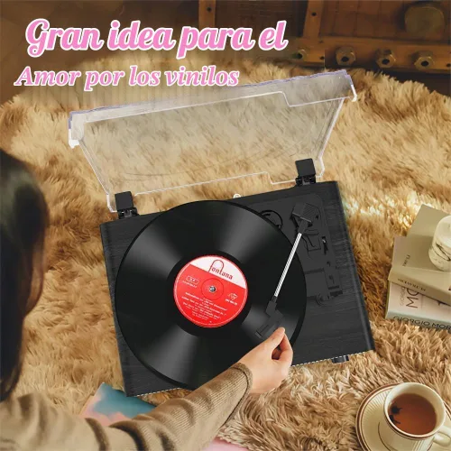 Vista 6 de Vinyl Record Player with Speakers, 3 Speed Turntable with Mirror, Black Negro
