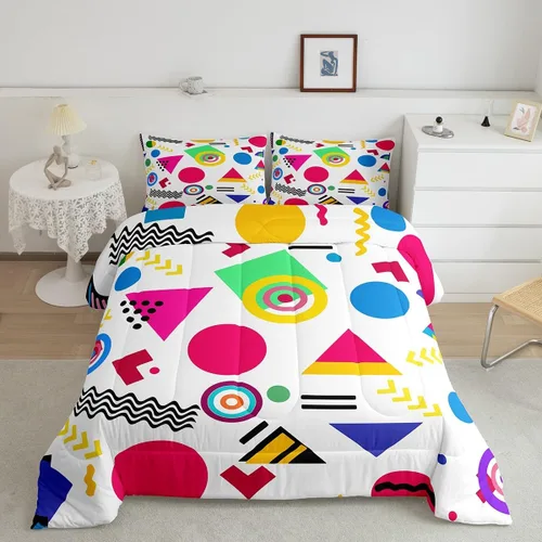 Vista 16 de Juego de edredón de estilo retro de los años 80, juego de ropa de cama de patrón geométrico abstracto, diseño urbano moderno con círculos