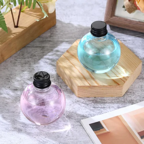 Vista 5 de Layhit 24 botellas esféricas de plástico con forma de bola, botellas redondas de 3.4 onzas, tarro de arena con 5 embudos decorativos, tarro de Negro