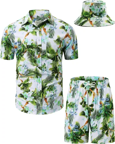 Vista 141 de TUNEVUSE Conjunto de camisas y pantalones cortos hawaianos para hombre, 2 piezas, trajes de playa con estampado de flores, traje tropical de verano