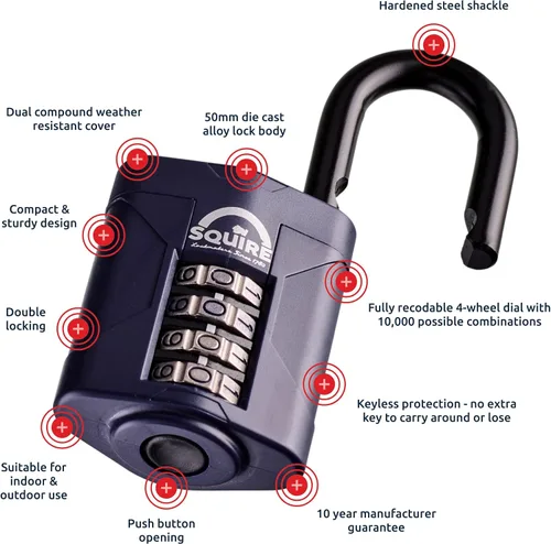 Vista 5 de Squire Candado resistente (CP50) – Grillete de acero resistente – Candado combinado de 4 ruedas – Acero aleado para resistencia a la corrosión