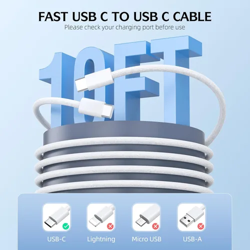 Vista 5 de Cargador de carga rápida para iPhone 17 16 15, paquete de 2 cables tejidos USB C de 10 pies de largo con bloque de carga rápida USBC de 20 W
