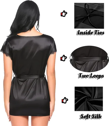 Vista 3 de Avidlove - Bata para mujer satinada con detalles de encaje, con lazos interiores, tipo kimono